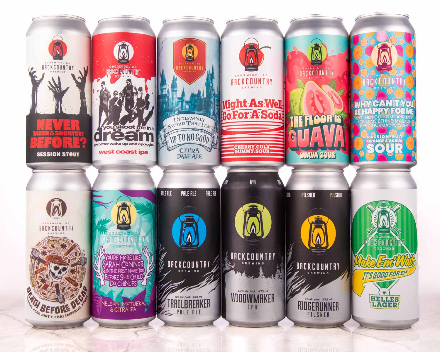 Backcountry Brewing - Ten beer cans stacked